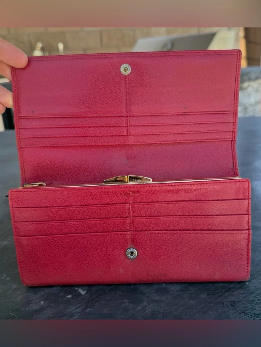 Authentic Vintage Loewe Anagram Leather Continental Long Wallet Gold Hardware